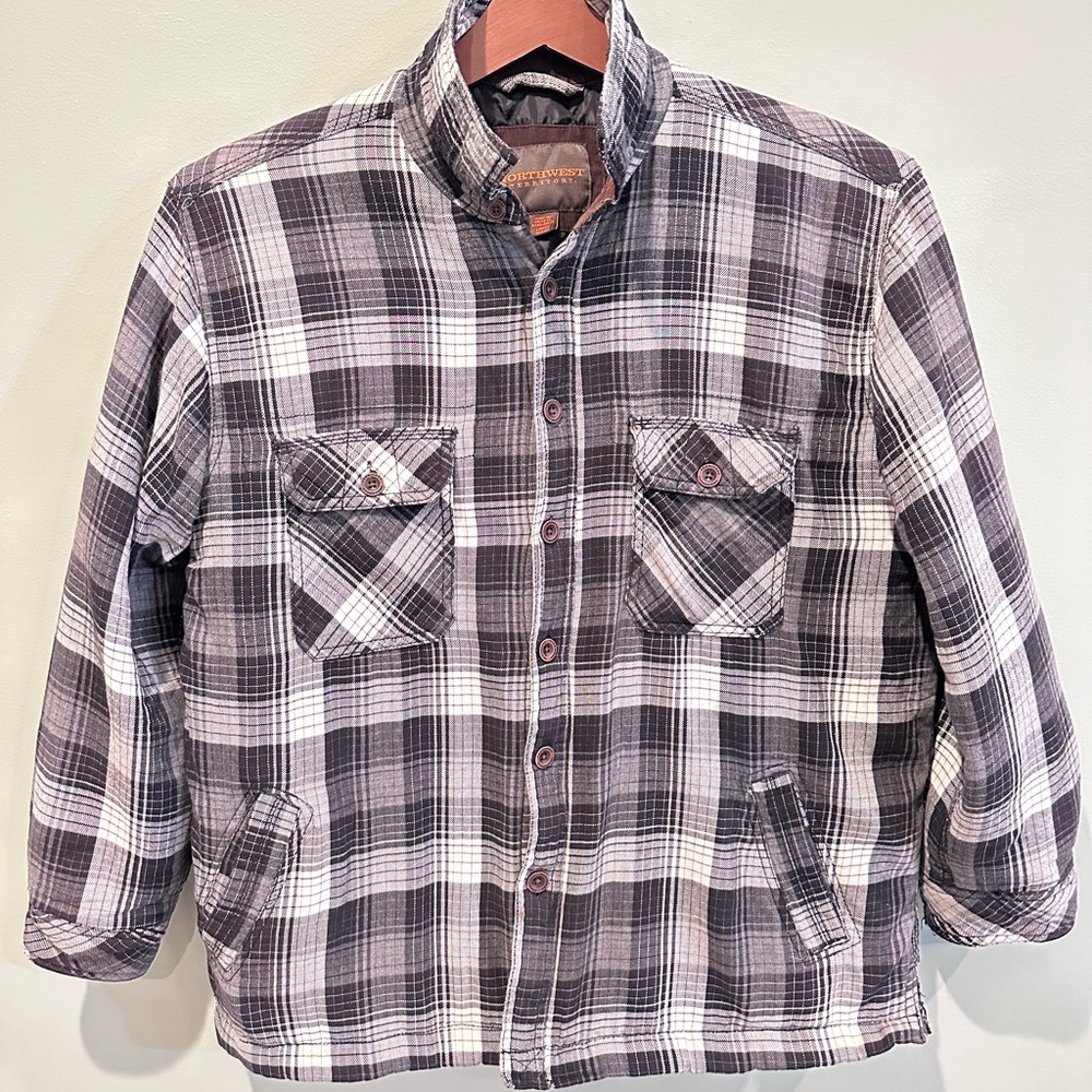 Northwest Territory Large Mens Lined Plaid Flannel Jacket Zip  Black Gray Brown